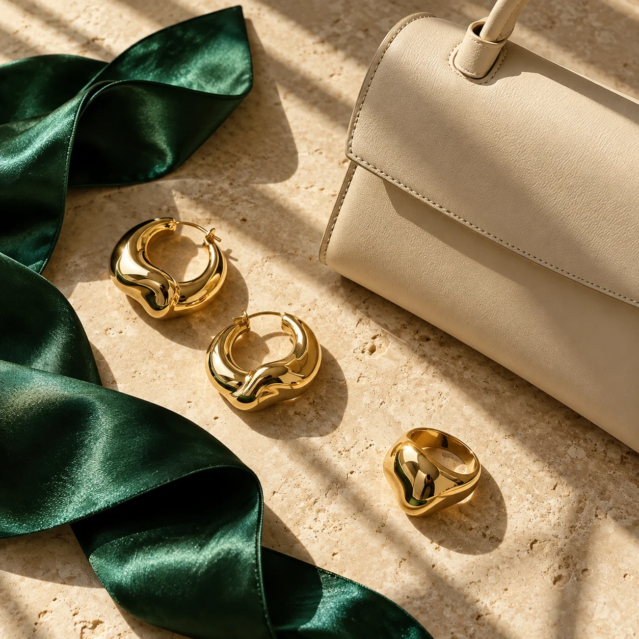 Gold jewelry and emerald silk inspiration