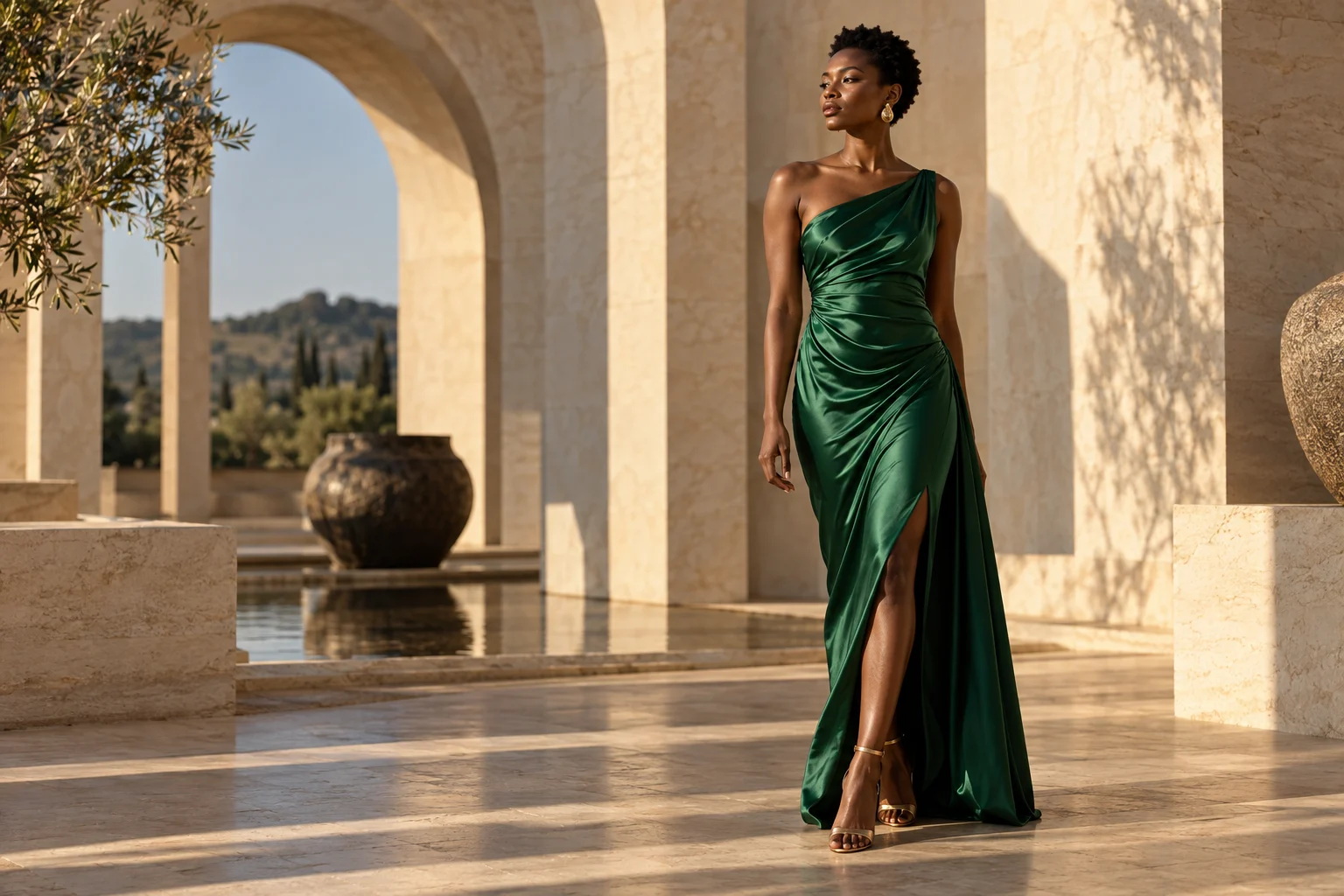 Editorial inspiration: emerald satin dress in a sunlit courtyard